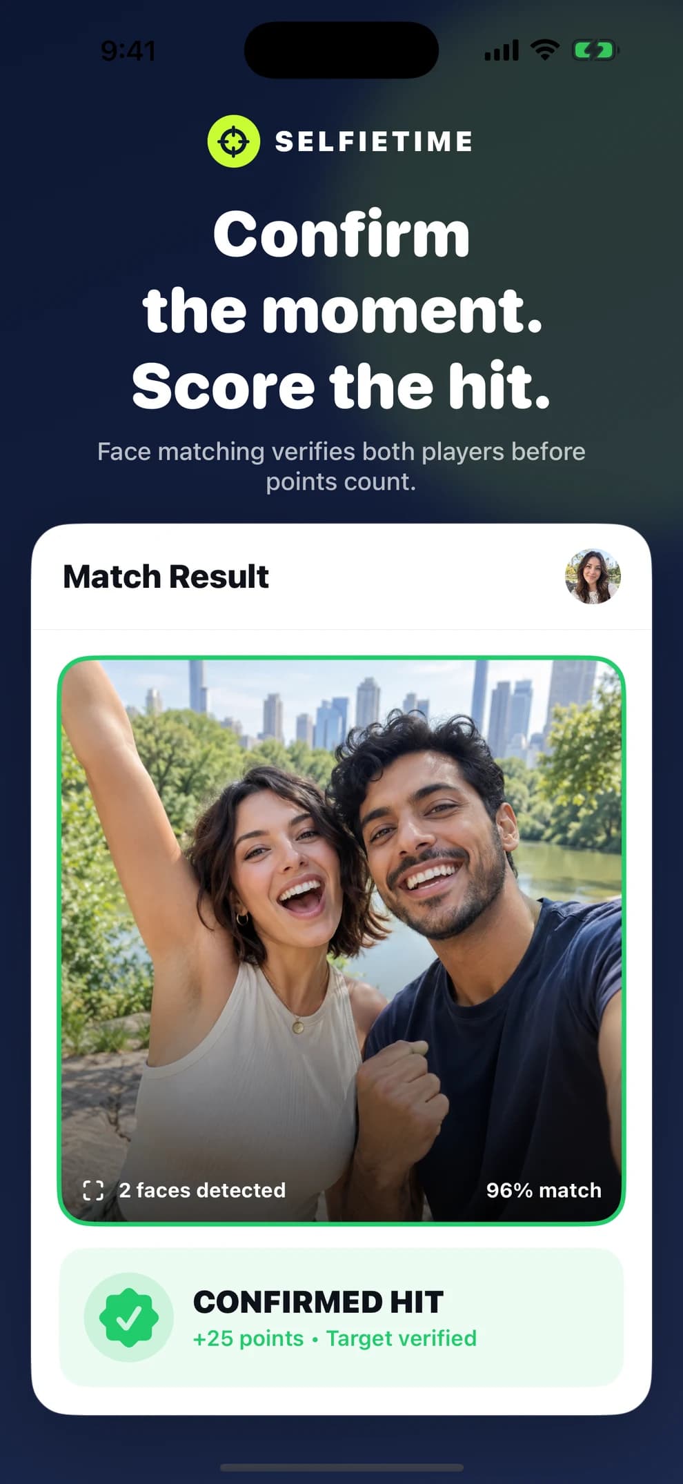 SelfieTime match result confirming a selfie with both players detected